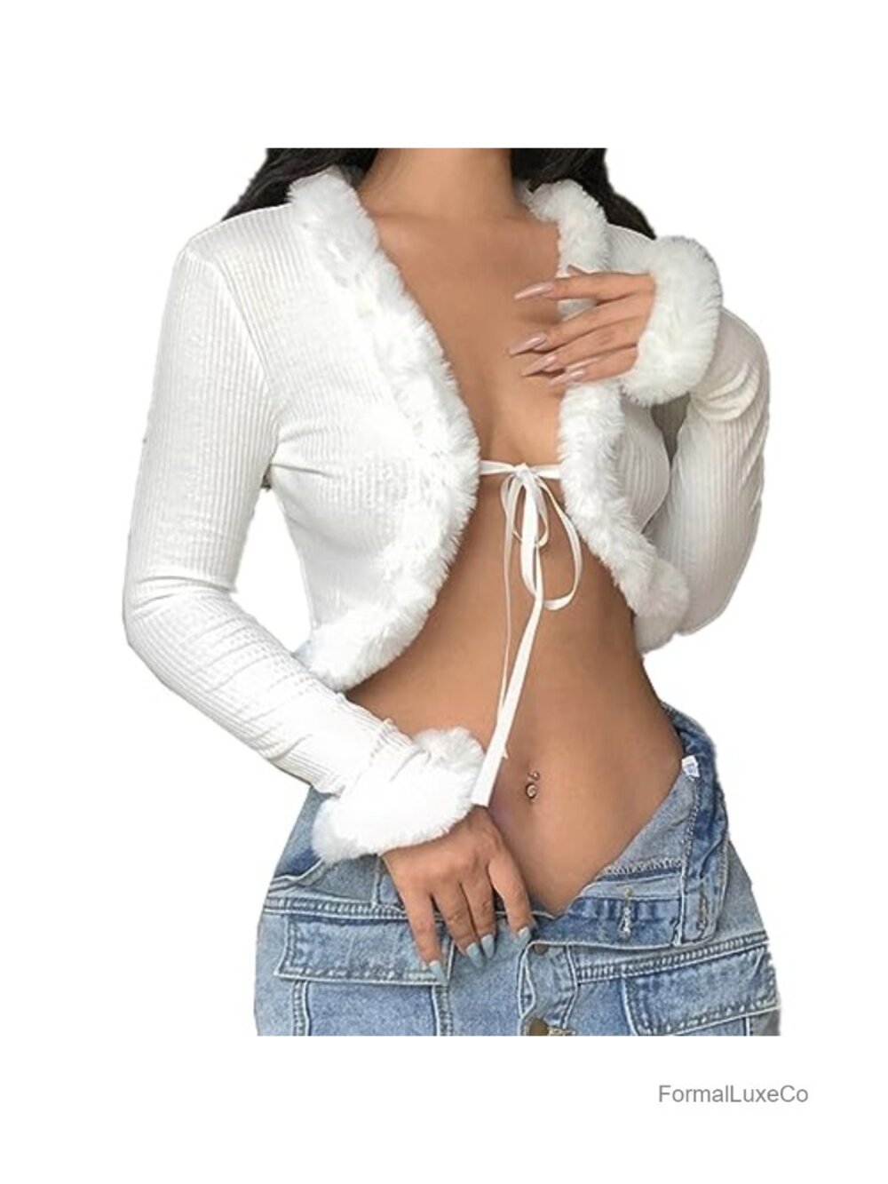 Deep V Neck Feather Trim Cardigan Long Sleeve Tie Up Crop Top Rave Festival
